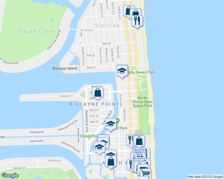 map of restaurants, bars, coffee shops, grocery stores, and more near 620 86th Street in Miami Beach