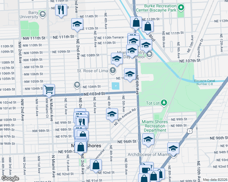 map of restaurants, bars, coffee shops, grocery stores, and more near 461 Northeast 103rd Street in Miami Shores