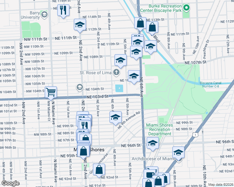map of restaurants, bars, coffee shops, grocery stores, and more near 461 Northeast 103rd Street in Miami Shores