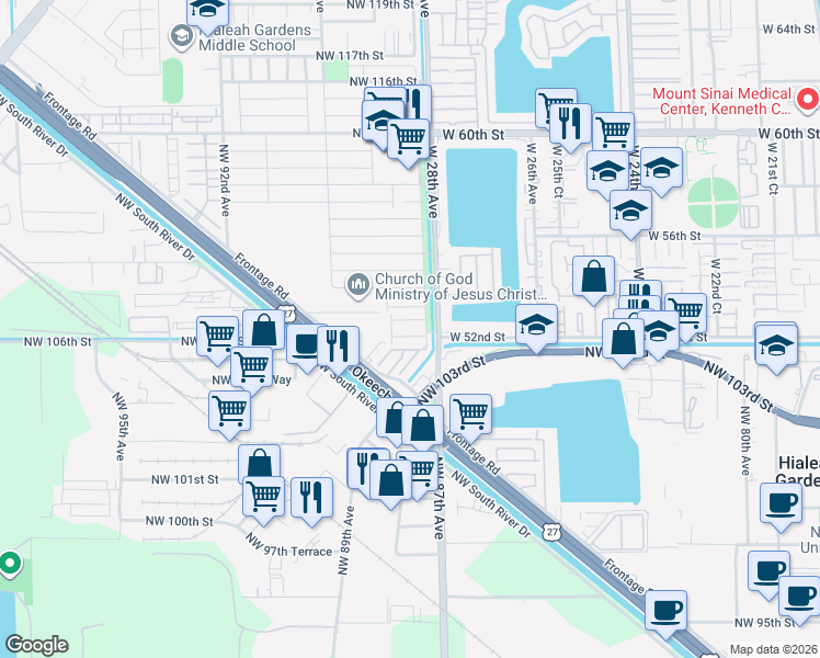 map of restaurants, bars, coffee shops, grocery stores, and more near 27 Northwest 106th Lane in Hialeah Gardens