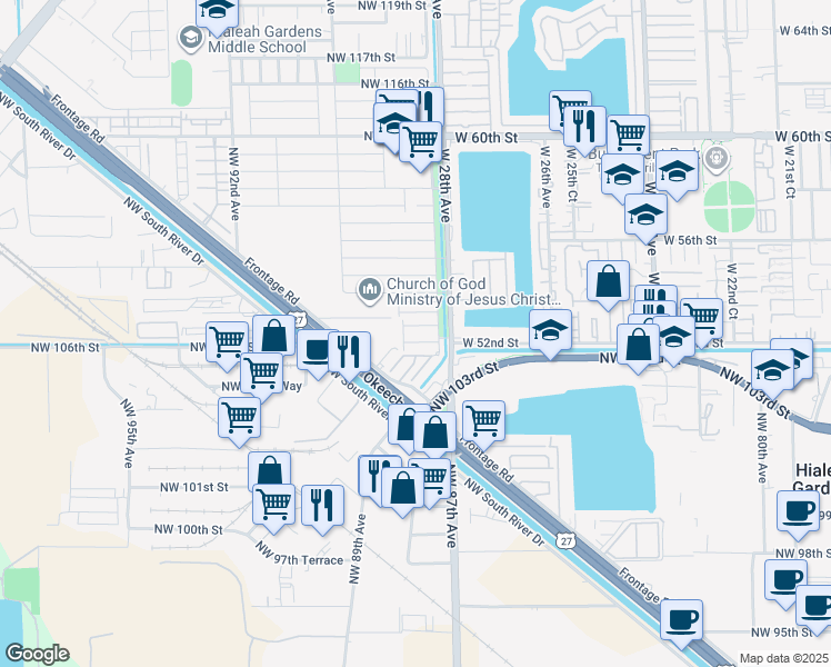 map of restaurants, bars, coffee shops, grocery stores, and more near 27 Northwest 106th Lane in Hialeah Gardens