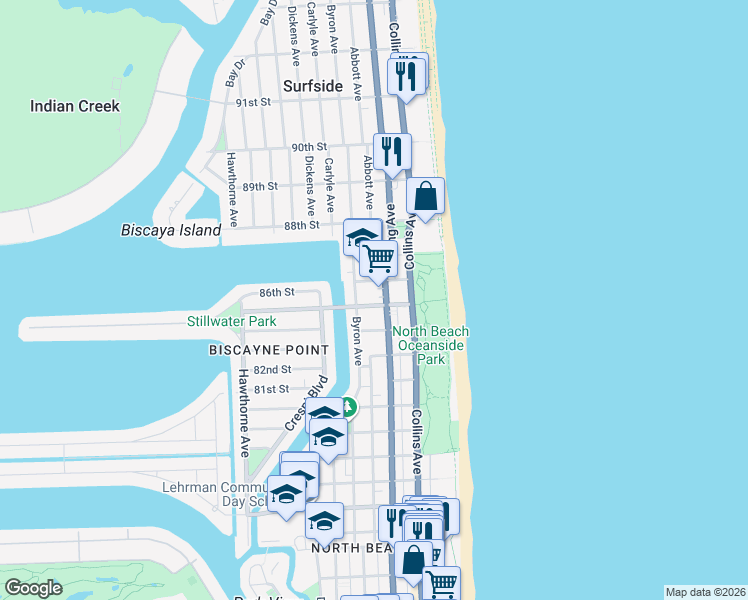map of restaurants, bars, coffee shops, grocery stores, and more near 8520 Harding Avenue in Miami Beach