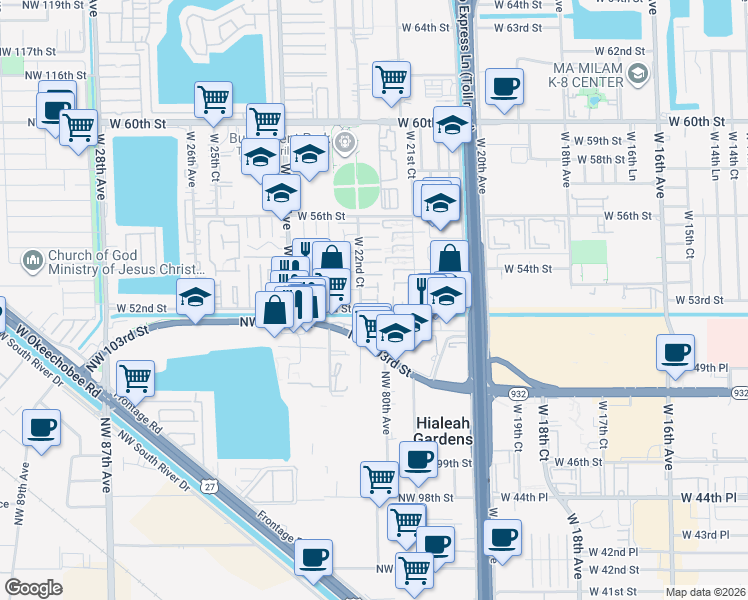 map of restaurants, bars, coffee shops, grocery stores, and more near 5299 West 22nd Court in Hialeah