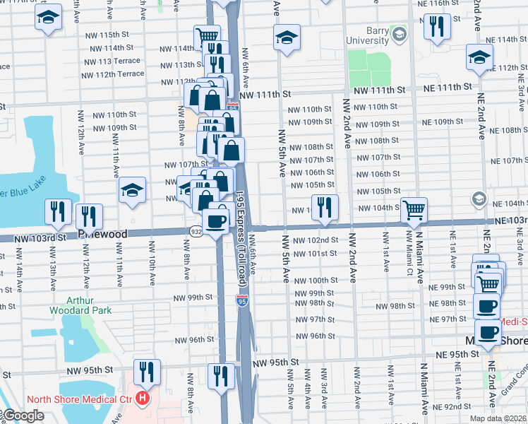 map of restaurants, bars, coffee shops, grocery stores, and more near 521 Northwest 104th Street in Miami
