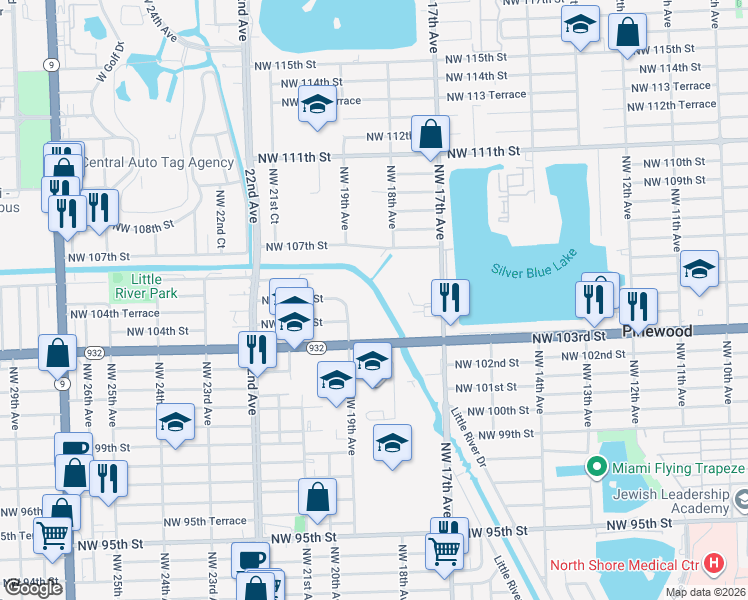 map of restaurants, bars, coffee shops, grocery stores, and more near 10427 Northwest 19th Avenue in Miami
