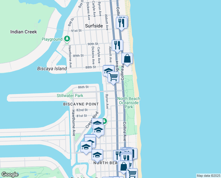 map of restaurants, bars, coffee shops, grocery stores, and more near 331 85th Street in Miami Beach