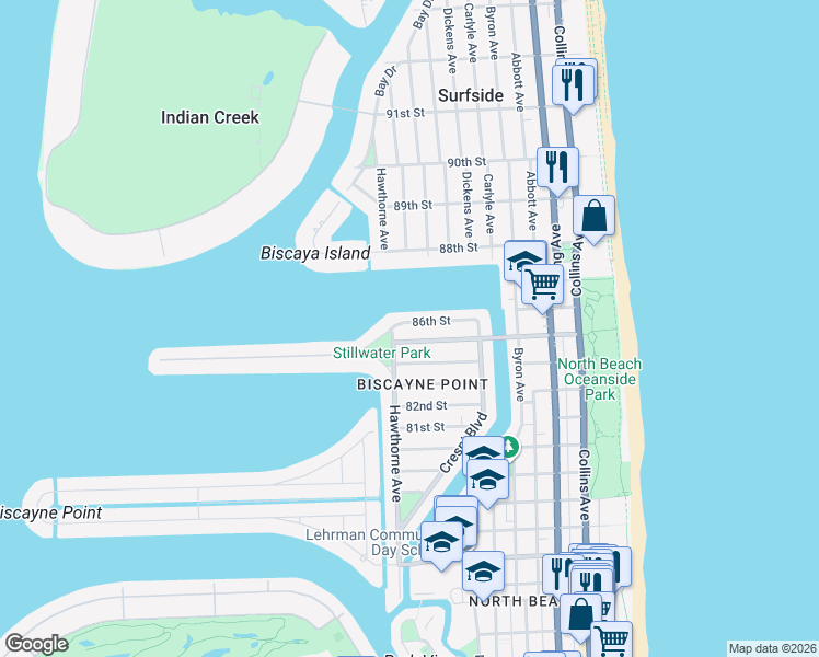 map of restaurants, bars, coffee shops, grocery stores, and more near 853 86th Street in Miami Beach