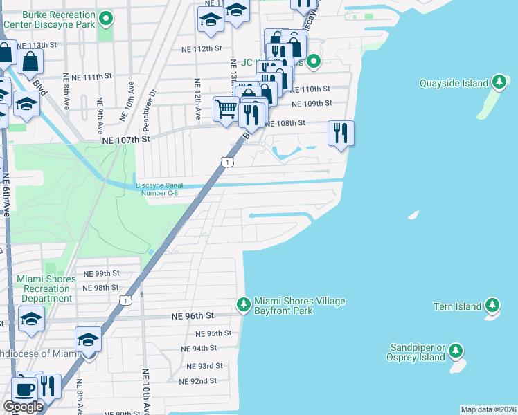 map of restaurants, bars, coffee shops, grocery stores, and more near 1321 Northeast 103rd Street in Miami Shores