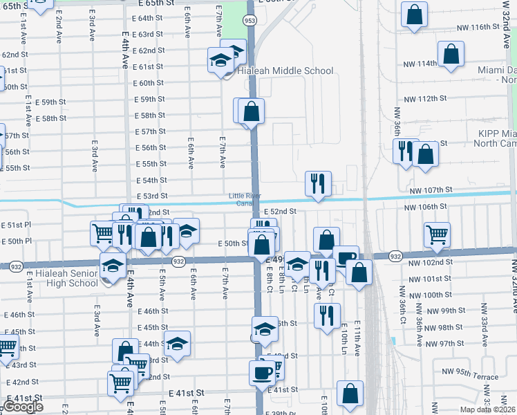 map of restaurants, bars, coffee shops, grocery stores, and more near 811 East 52nd Street in Hialeah