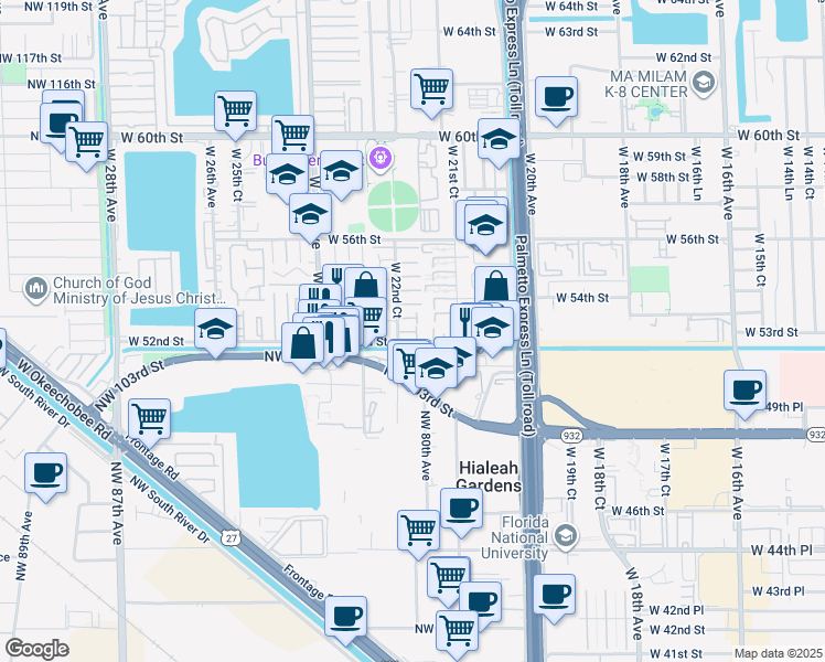 map of restaurants, bars, coffee shops, grocery stores, and more near 5299 West 22nd Court in Hialeah