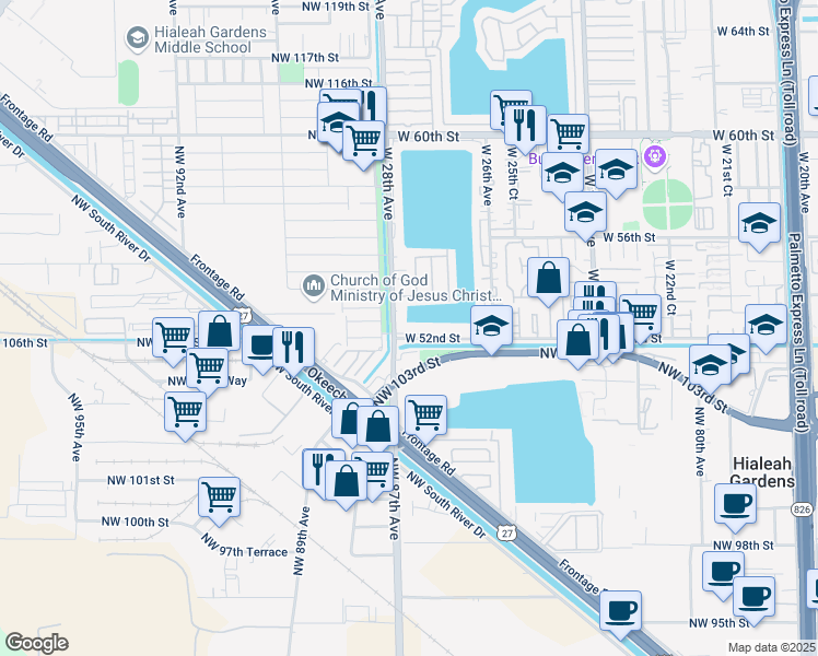 map of restaurants, bars, coffee shops, grocery stores, and more near 5283 West 28th Avenue in Hialeah