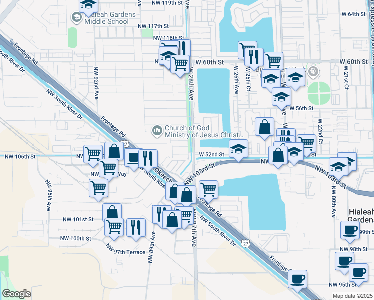 map of restaurants, bars, coffee shops, grocery stores, and more near 27 Northwest 106th Lane in Hialeah Gardens