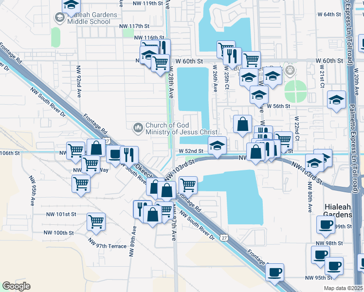 map of restaurants, bars, coffee shops, grocery stores, and more near 2775 West 52nd Street in Hialeah