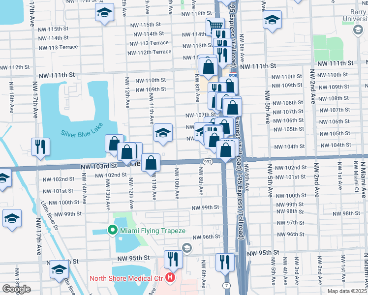 map of restaurants, bars, coffee shops, grocery stores, and more near 10425 Northwest 10th Avenue in Miami