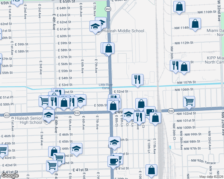 map of restaurants, bars, coffee shops, grocery stores, and more near 811 East 52nd Street in Hialeah