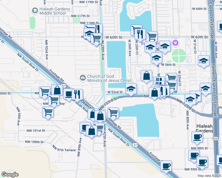 map of restaurants, bars, coffee shops, grocery stores, and more near 5283 West 28th Avenue in Hialeah