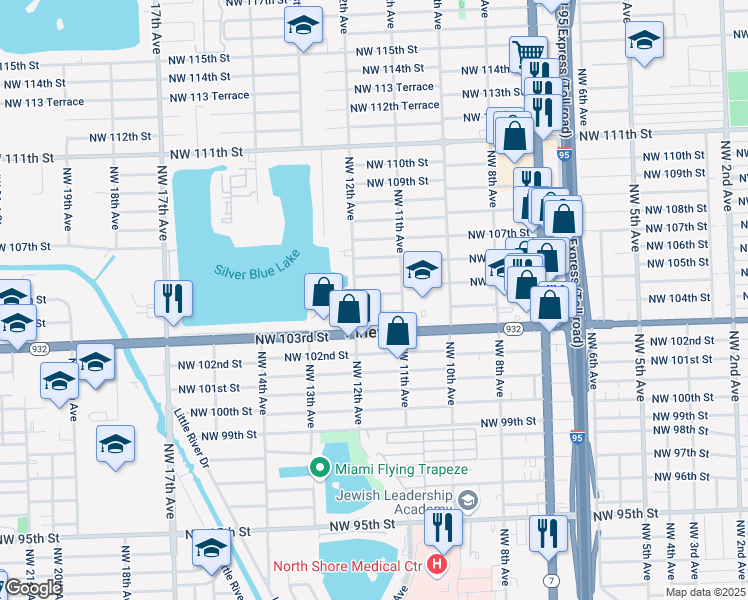 map of restaurants, bars, coffee shops, grocery stores, and more near 1145 Northwest 105th Street in Miami