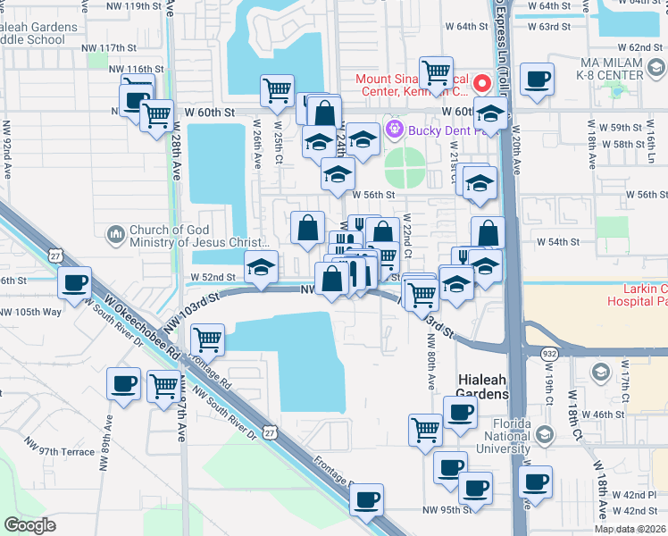 map of restaurants, bars, coffee shops, grocery stores, and more near in Hialeah