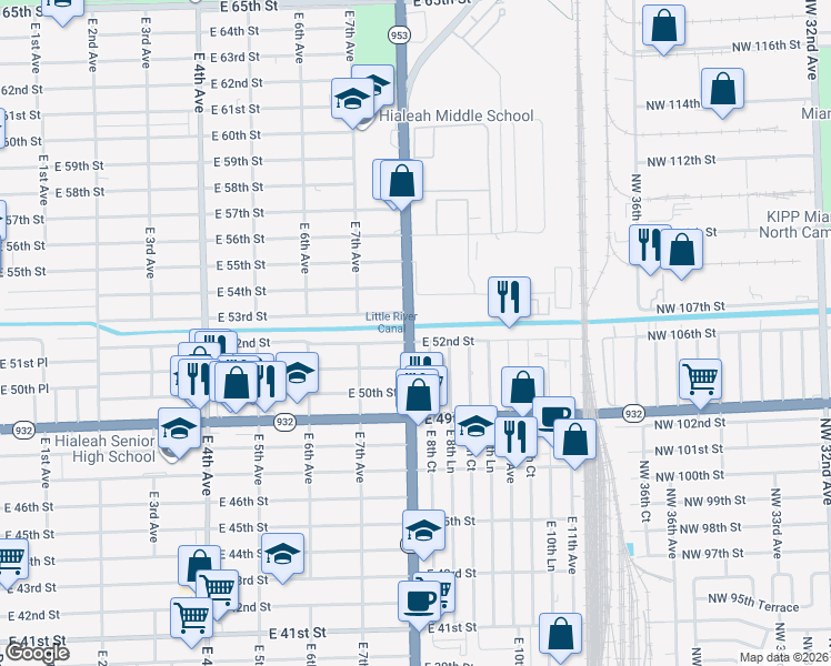 map of restaurants, bars, coffee shops, grocery stores, and more near 811 East 52nd Street in Hialeah