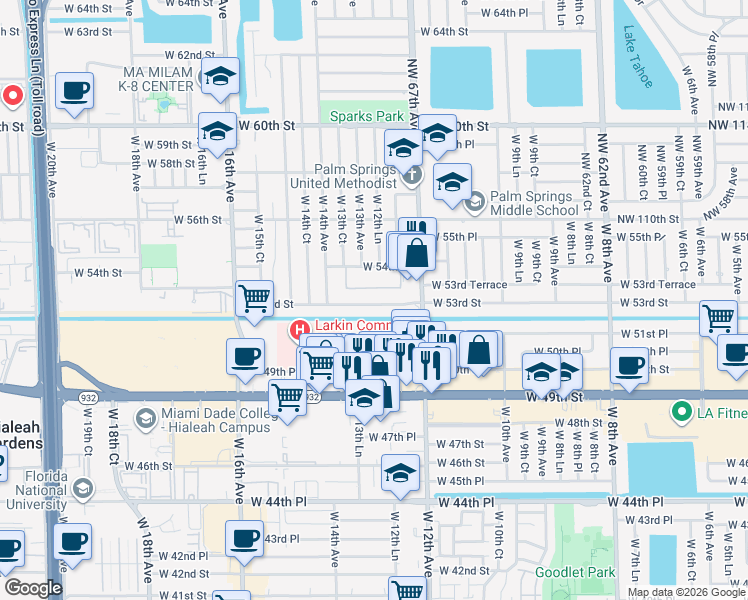 map of restaurants, bars, coffee shops, grocery stores, and more near 1305 West 53rd Street in Hialeah