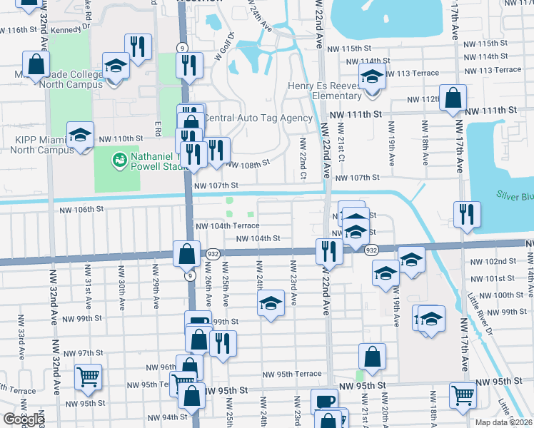 map of restaurants, bars, coffee shops, grocery stores, and more near 2399 Northwest 105th Street in Miami