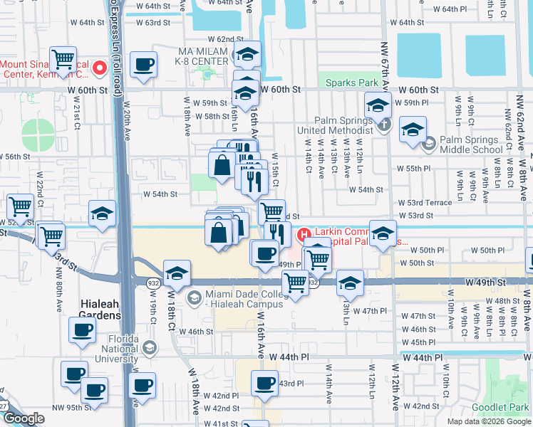 map of restaurants, bars, coffee shops, grocery stores, and more near 1585 West 53rd Street in Hialeah