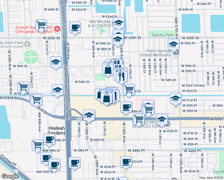 map of restaurants, bars, coffee shops, grocery stores, and more near 2000 West 53rd Terrace in Hialeah