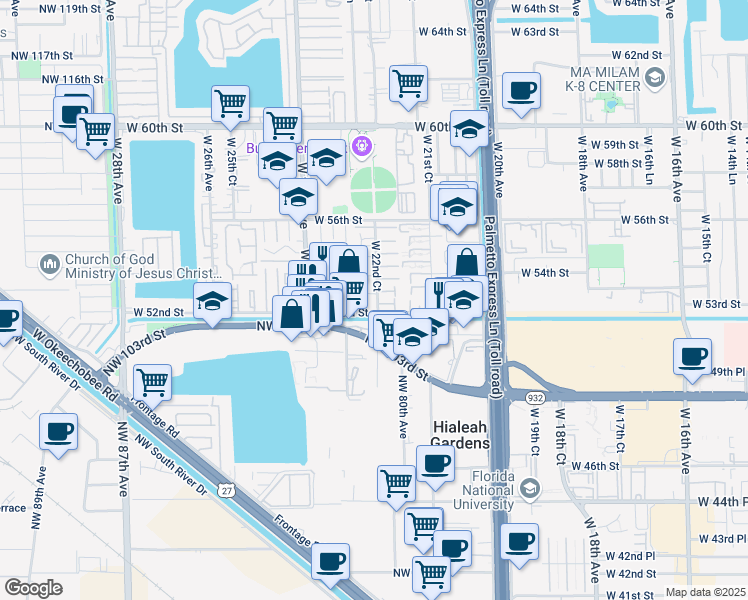 map of restaurants, bars, coffee shops, grocery stores, and more near 5299 West 22nd Court in Hialeah
