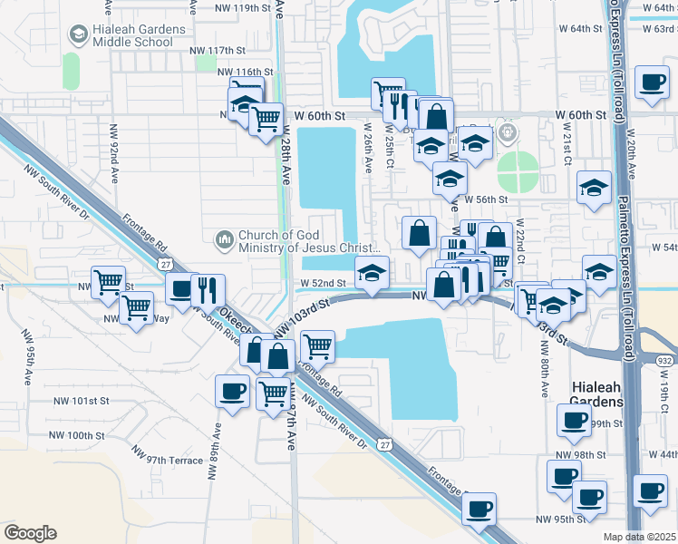 map of restaurants, bars, coffee shops, grocery stores, and more near 2657 West 52nd Street in Hialeah
