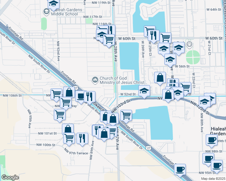 map of restaurants, bars, coffee shops, grocery stores, and more near 27 Northwest 106th Lane in Hialeah Gardens