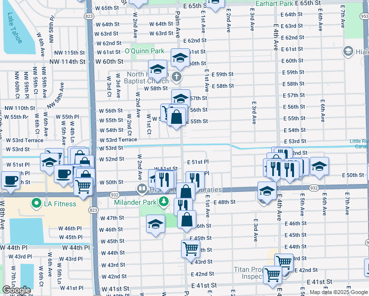 map of restaurants, bars, coffee shops, grocery stores, and more near 1 East 52nd Place in Hialeah