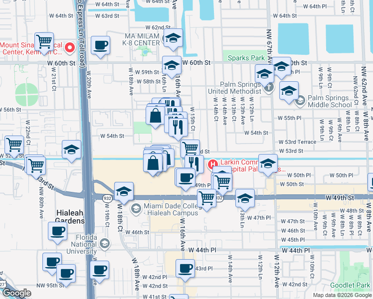 map of restaurants, bars, coffee shops, grocery stores, and more near 1585 West 53rd Street in Hialeah