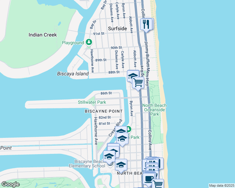 map of restaurants, bars, coffee shops, grocery stores, and more near 620 86th Street in Miami Beach