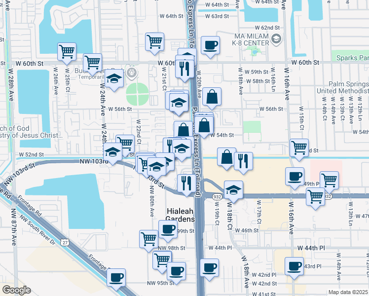map of restaurants, bars, coffee shops, grocery stores, and more near 2035 West 52nd Street in Hialeah