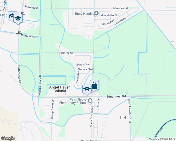 map of restaurants, bars, coffee shops, grocery stores, and more near 6292 Bismark Boulevard in Brownsville