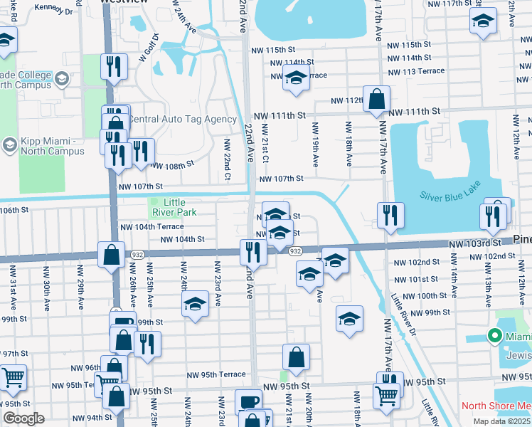 map of restaurants, bars, coffee shops, grocery stores, and more near 2155 Northwest 105th Street in Miami