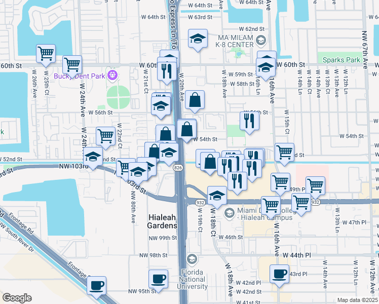 map of restaurants, bars, coffee shops, grocery stores, and more near 5329 West 20th Avenue in Hialeah