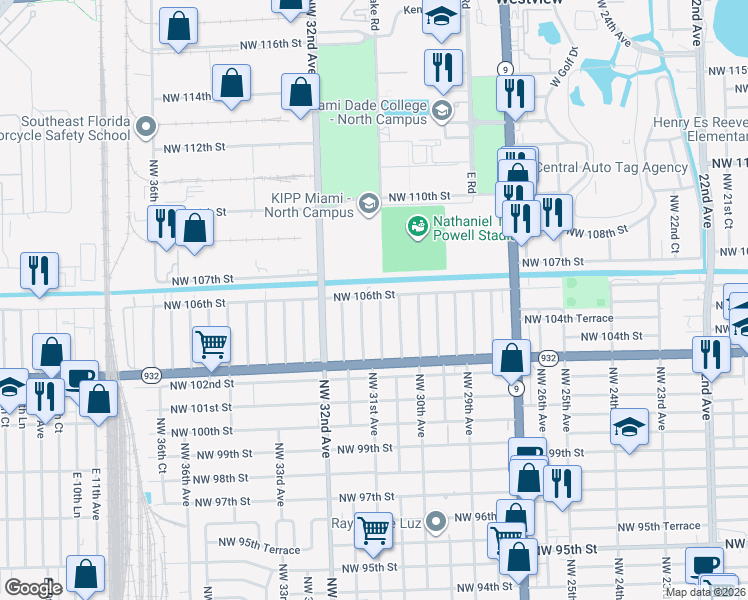 map of restaurants, bars, coffee shops, grocery stores, and more near 3060 Northwest 106th Street in Miami
