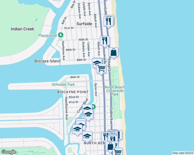 map of restaurants, bars, coffee shops, grocery stores, and more near 8530 Byron Avenue in Miami Beach