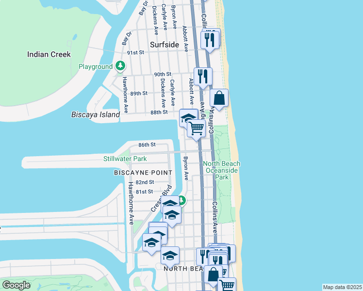 map of restaurants, bars, coffee shops, grocery stores, and more near 8530 Byron Avenue in Miami Beach