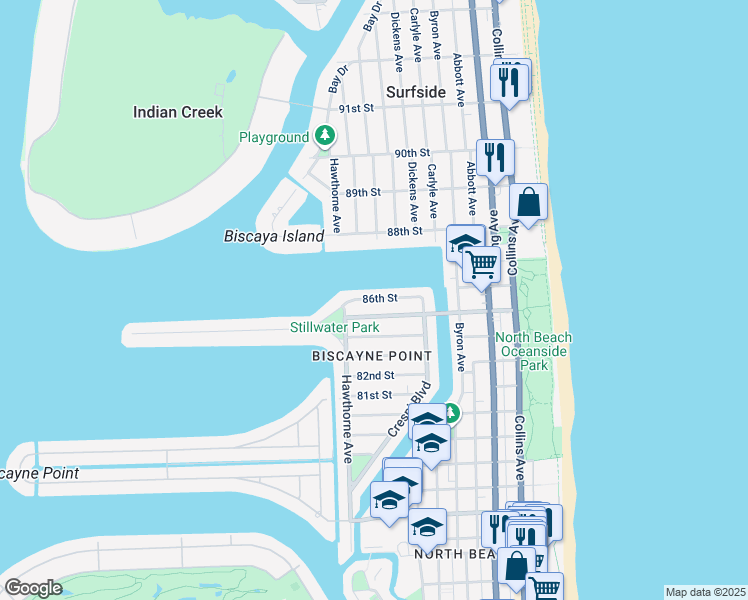 map of restaurants, bars, coffee shops, grocery stores, and more near 731 86th Street in Miami Beach