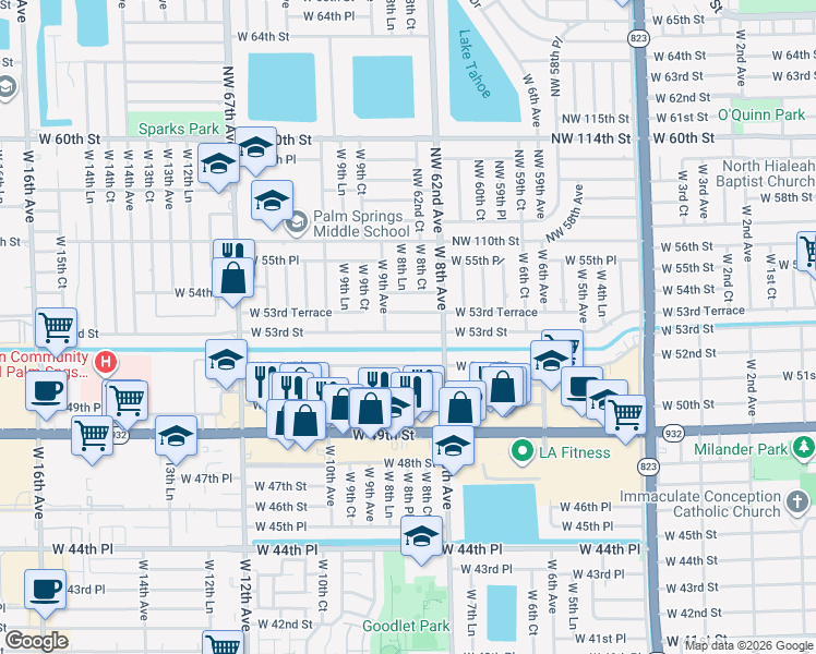 map of restaurants, bars, coffee shops, grocery stores, and more near 891 West 53rd Street in Hialeah