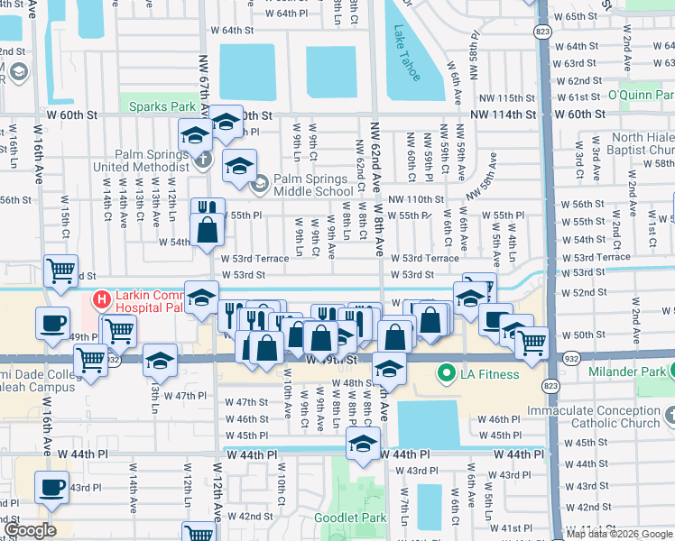 map of restaurants, bars, coffee shops, grocery stores, and more near 891 West 53rd Street in Hialeah