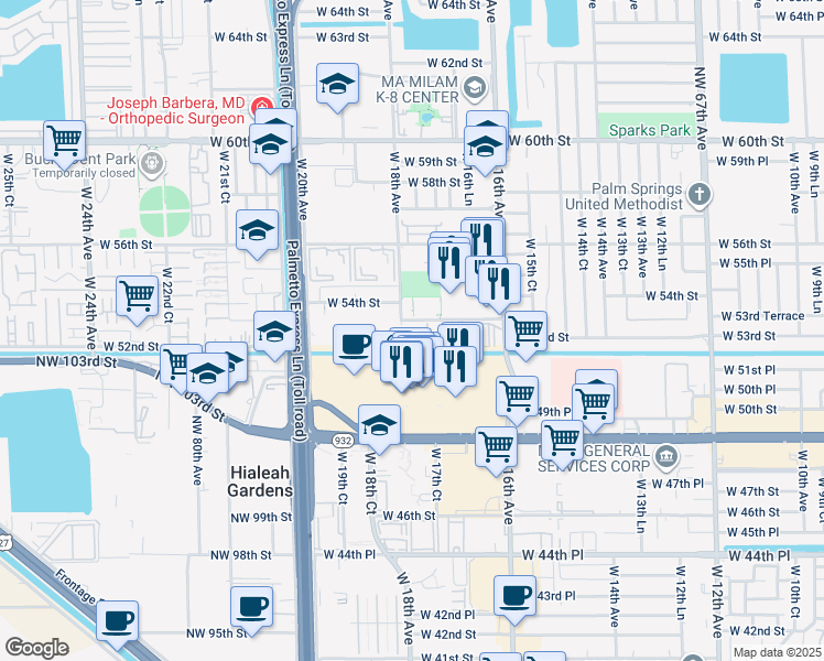 map of restaurants, bars, coffee shops, grocery stores, and more near 5345 West 18th Avenue in Hialeah