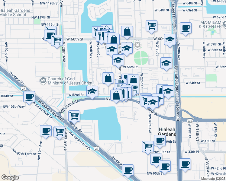 map of restaurants, bars, coffee shops, grocery stores, and more near 5211 West 24th Way in Hialeah