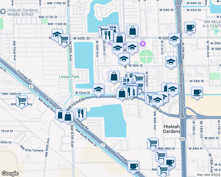 map of restaurants, bars, coffee shops, grocery stores, and more near 5231 West 25th Court in Hialeah