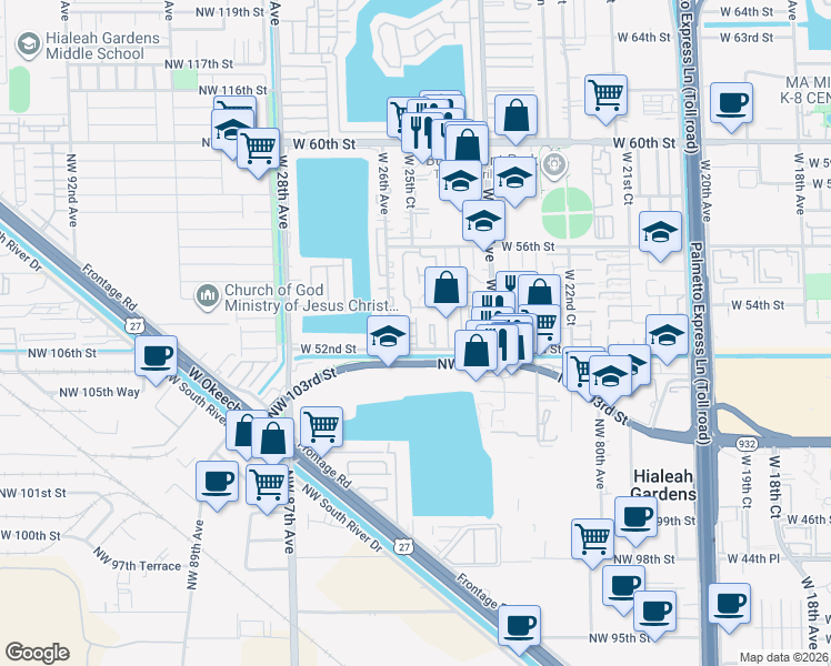 map of restaurants, bars, coffee shops, grocery stores, and more near 5231 West 25th Court in Hialeah