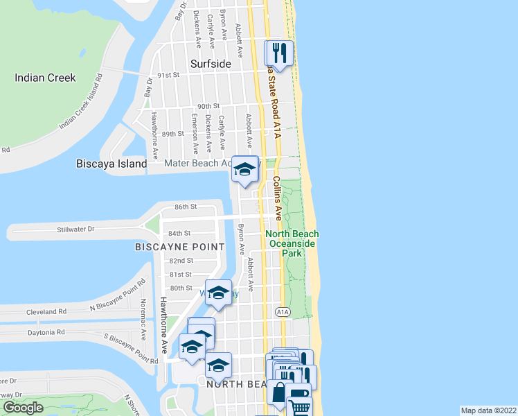 map of restaurants, bars, coffee shops, grocery stores, and more near 8520 Harding Avenue in Miami Beach