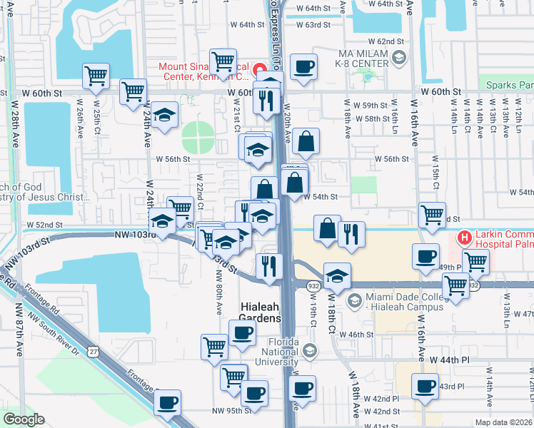 map of restaurants, bars, coffee shops, grocery stores, and more near 5250 West 20th Avenue in Hialeah