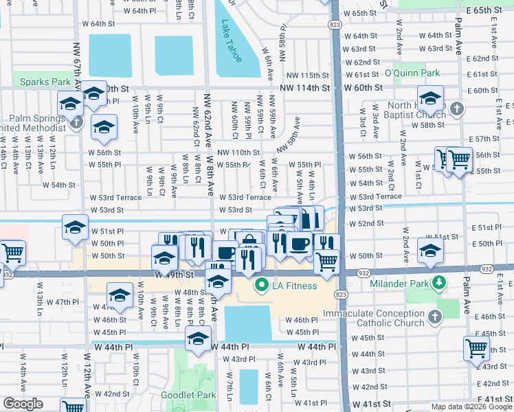 map of restaurants, bars, coffee shops, grocery stores, and more near 671 West 53rd Street in Hialeah